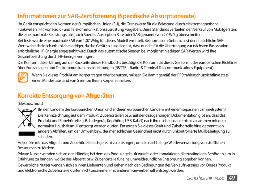 Samsung GT-P1000CWADBT manual Informationen zur SAR-Zertifizierung Spezifische Absorptionsrate, Sicherheitshinweise 