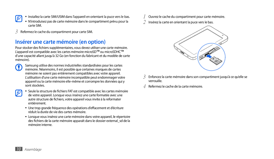 Samsung GT-P1000MSAXEF, GT-P1000CWAXEF, GT-P1000CWDXEF, GT-P1000CWASFR, GT-P1000CWALUX Insérer une carte mémoire en option 