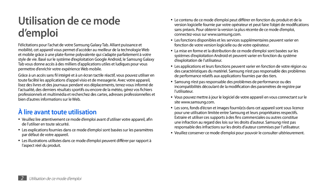 Samsung GT-P1000CWDXEF, GT-P1000CWAXEF, GT-P1000MSAXEF manual Utilisation de ce mode d’emploi, Lire avant toute utilisation 