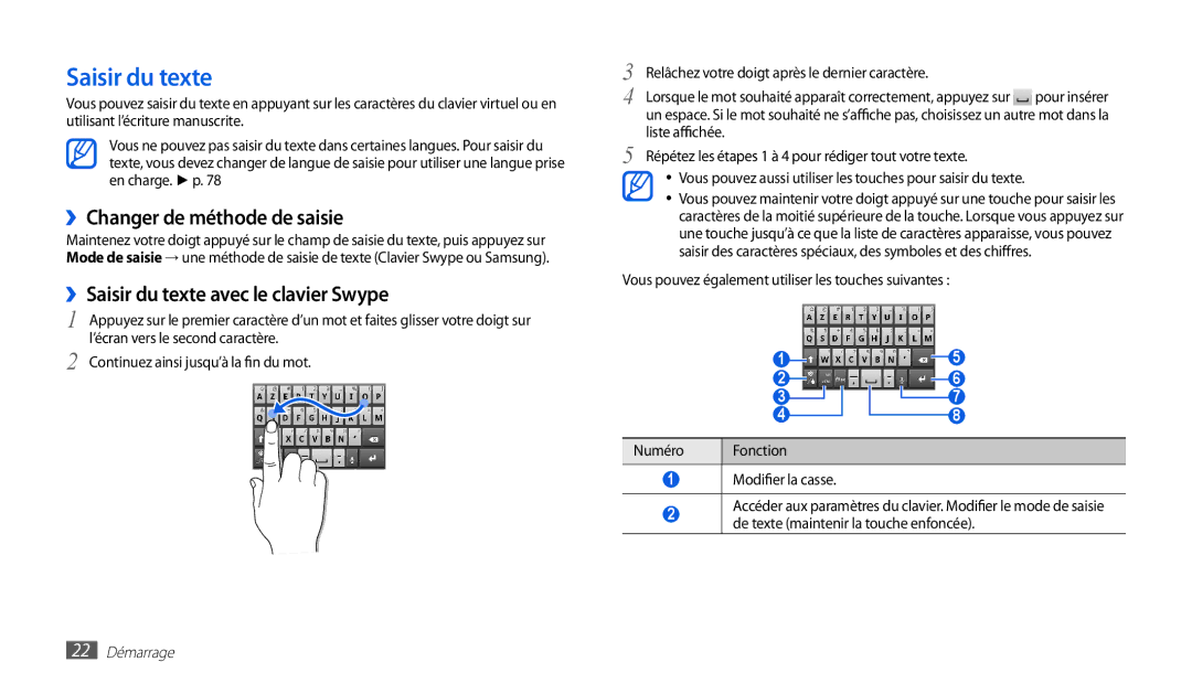 Samsung GT-P1000CWALUX, GT-P1000CWAXEF manual ››Changer de méthode de saisie, ››Saisir du texte avec le clavier Swype 