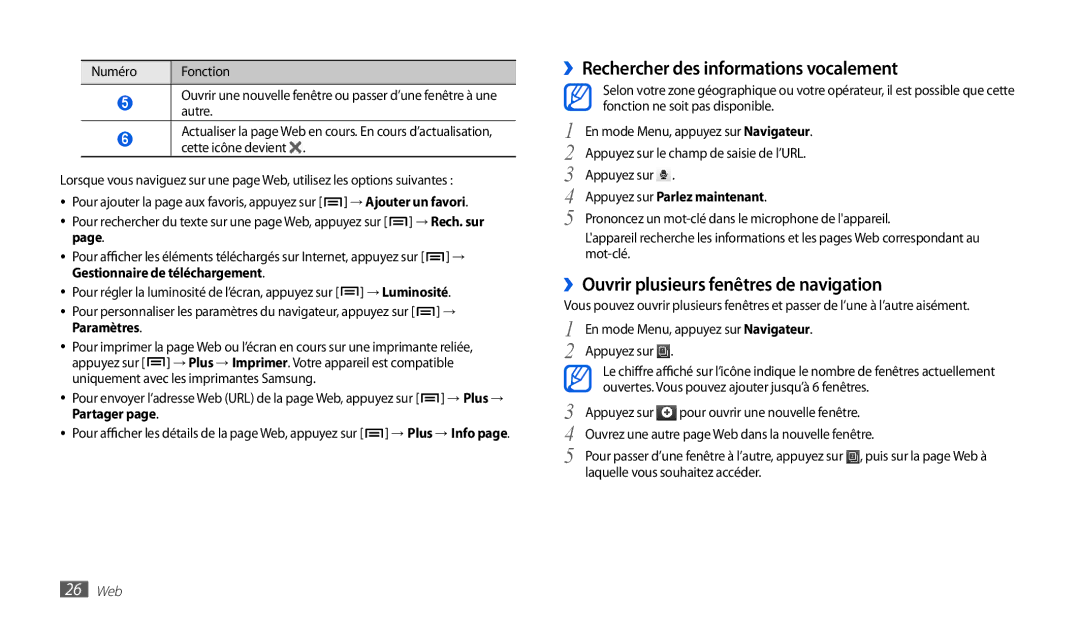 Samsung GT-P1000CWABOG ››Rechercher des informations vocalement, ››Ouvrir plusieurs fenêtres de navigation, Paramètres 