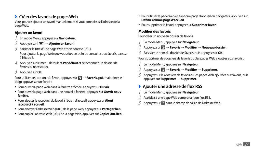 Samsung GT-P1000CWAXEF manual ››Créer des favoris de pages Web, ››Ajouter une adresse de flux RSS, Ajouter un favori 