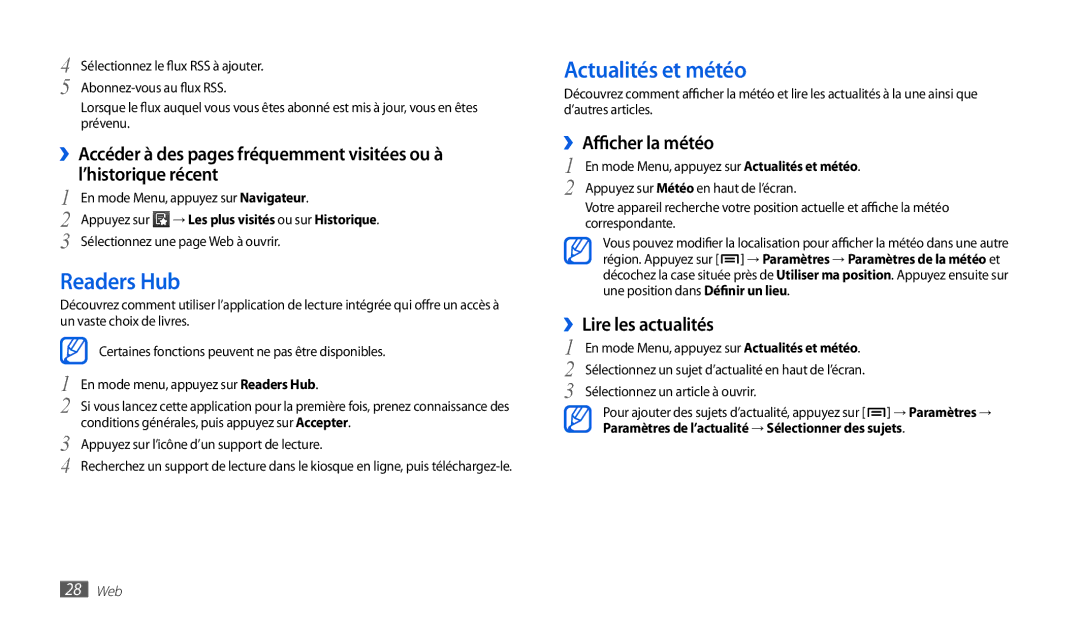 Samsung GT-P1000MSAXEF, GT-P1000CWAXEF manual Readers Hub, Actualités et météo, ››Afficher la météo, ››Lire les actualités 