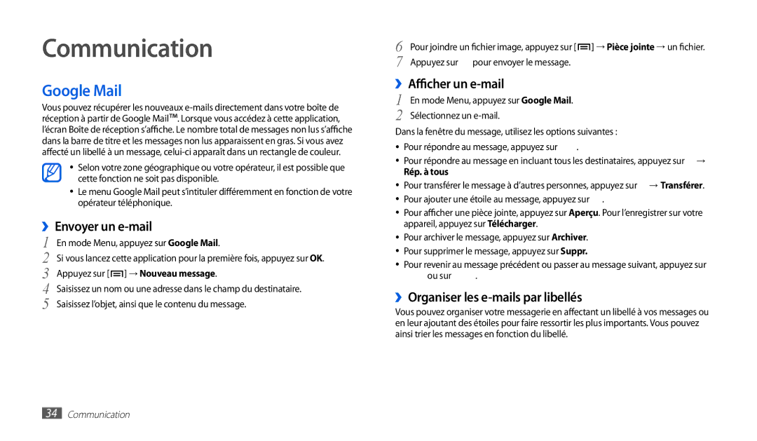 Samsung GT-P1000CWAFTM, GT-P1000CWAXEF manual Communication, Google Mail, ››Envoyer un e-mail, ››Afficher un e-mail 