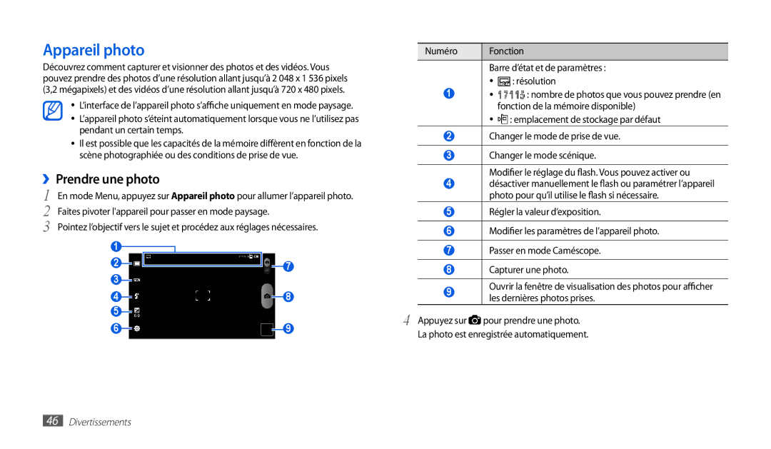 Samsung GT-P1000MSAXEF, GT-P1000CWAXEF, GT-P1000CWDXEF, GT-P1000CWASFR, GT-P1000CWALUX Appareil photo, ››Prendre une photo 