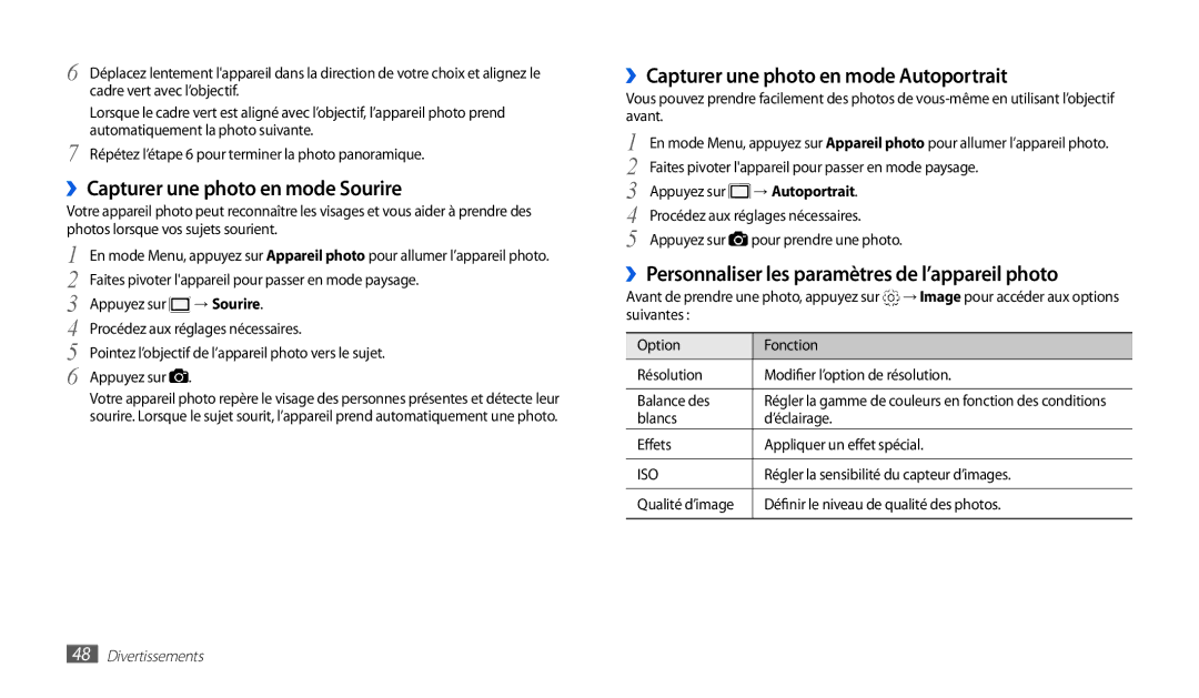 Samsung GT-P1000CWASFR manual ››Capturer une photo en mode Sourire, ››Capturer une photo en mode Autoportrait, → Sourire 