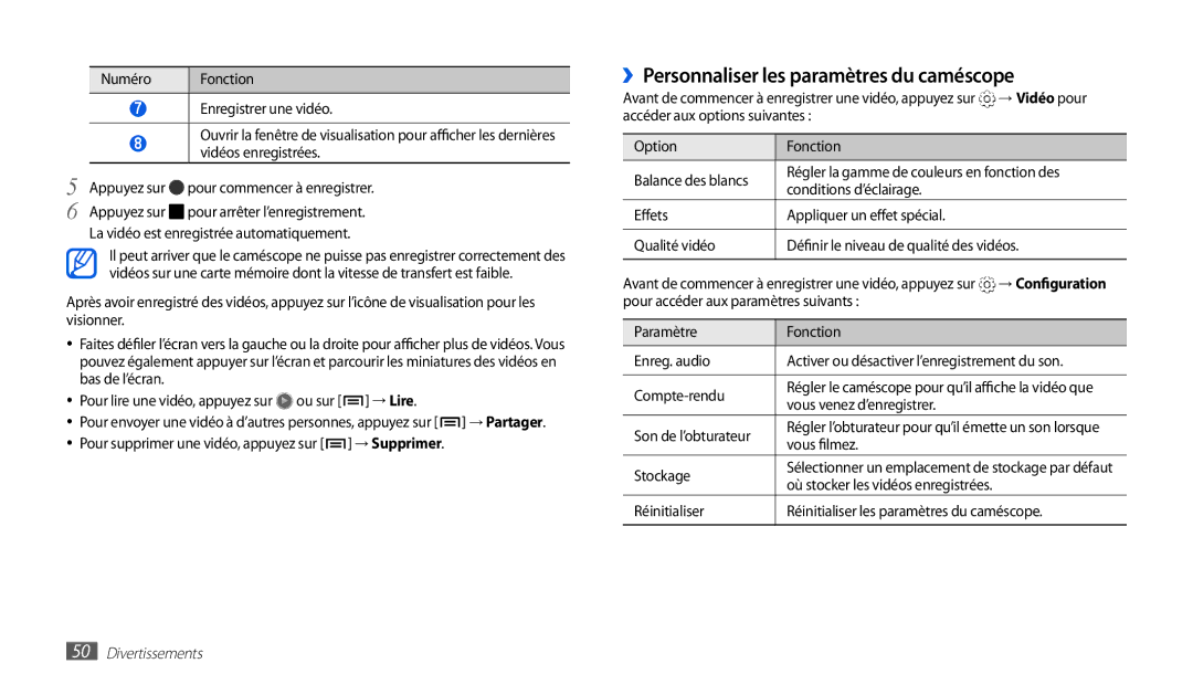 Samsung GT-P1000CWDBOG, GT-P1000CWAXEF ››Personnaliser les paramètres du caméscope, → Lire, → Vidéo pour, → Configuration 