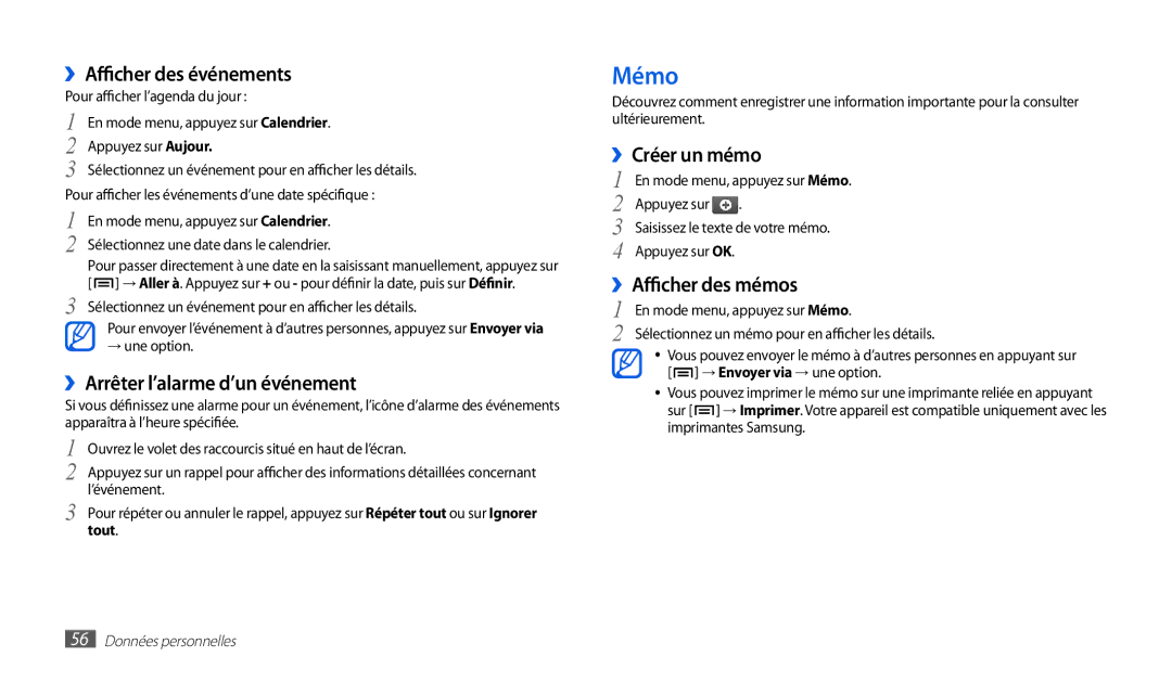 Samsung GT-P1000CWDXEF, GT-P1000CWAXEF Mémo, ››Afficher des événements, ››Arrêter l’alarme d’un événement, ››Créer un mémo 