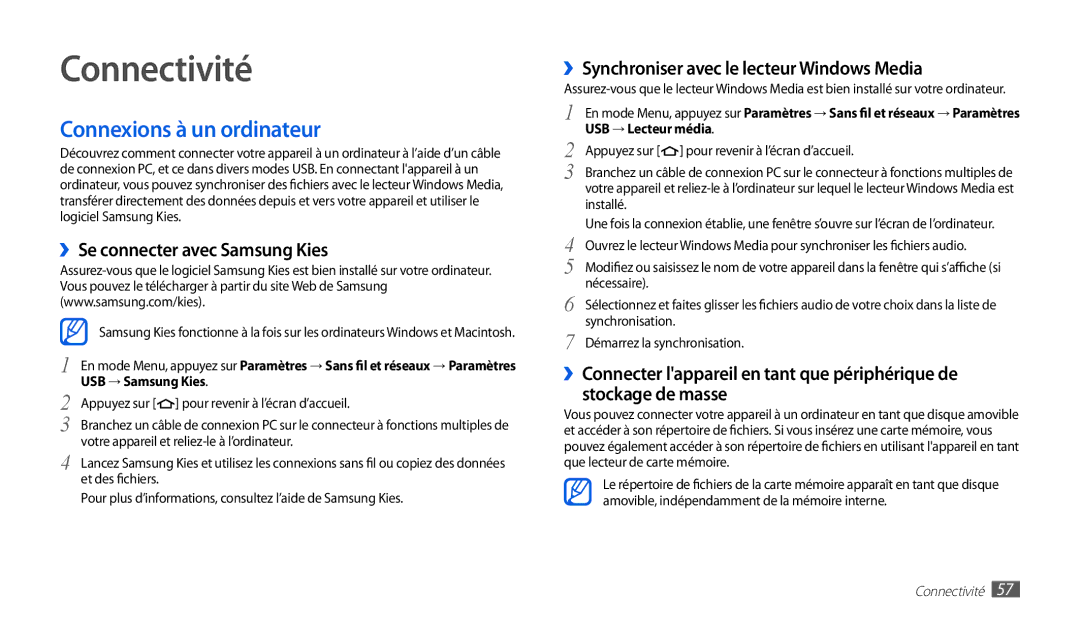 Samsung GT-P1000CWASFR, GT-P1000CWAXEF manual Connectivité, Connexions à un ordinateur, ››Se connecter avec Samsung Kies 