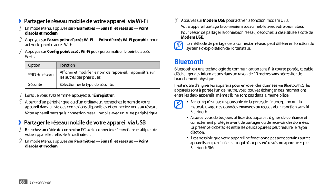 Samsung GT-P1000CWDSFR, GT-P1000CWAXEF, GT-P1000MSAXEF Bluetooth, ››Partager le réseau mobile de votre appareil via Wi-Fi 