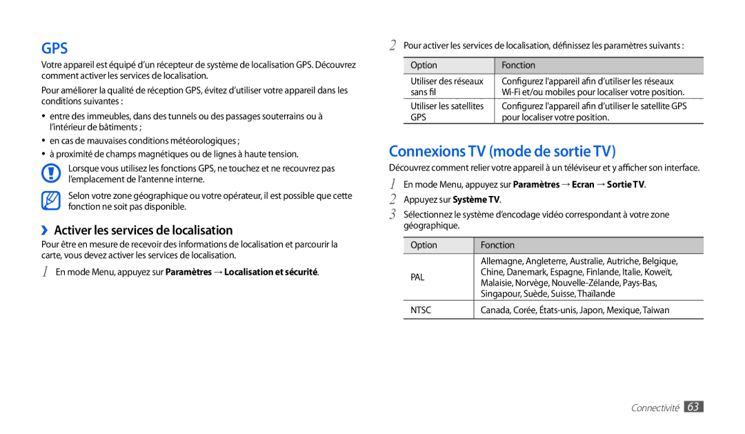 Samsung GT-P1000CWAXEF, GT-P1000MSAXEF manual Connexions TV mode de sortie TV, ››Activer les services de localisation 