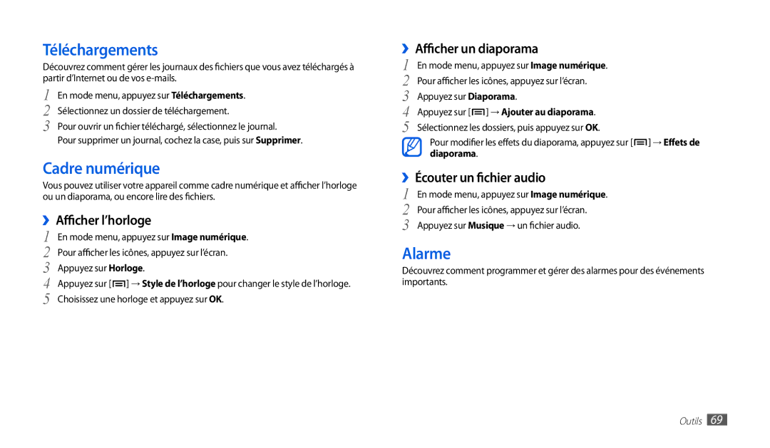 Samsung GT-P1000CWDSFR, GT-P1000CWAXEF, GT-P1000MSAXEF, GT-P1000CWDXEF manual Téléchargements, Cadre numérique, Alarme 