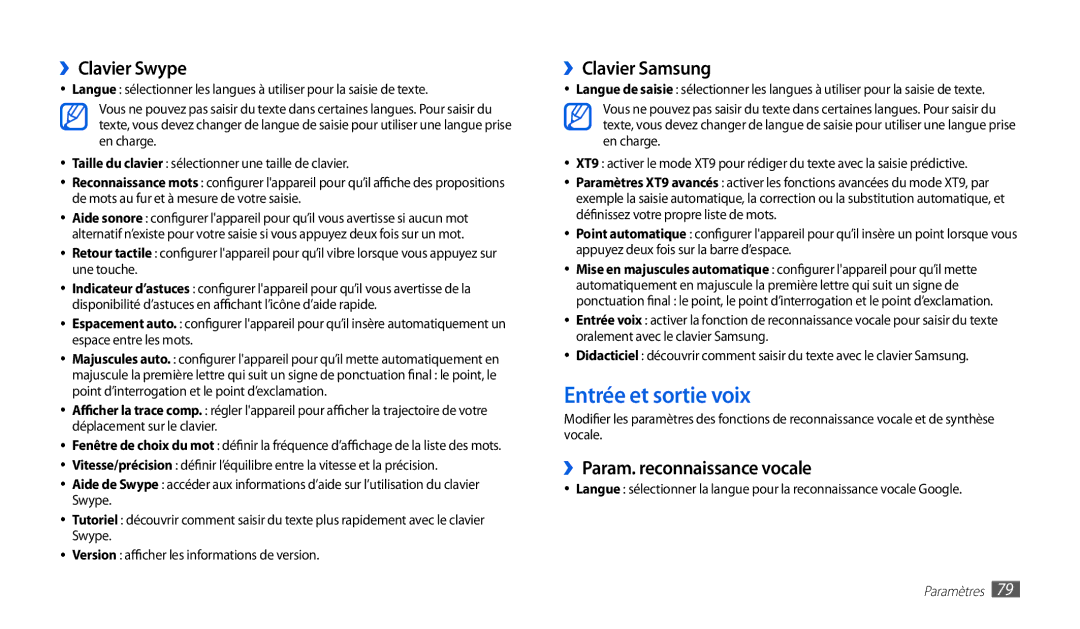 Samsung GT-P1000CWAFTM manual Entrée et sortie voix, ››Clavier Swype, ››Clavier Samsung, ››Param. reconnaissance vocale 