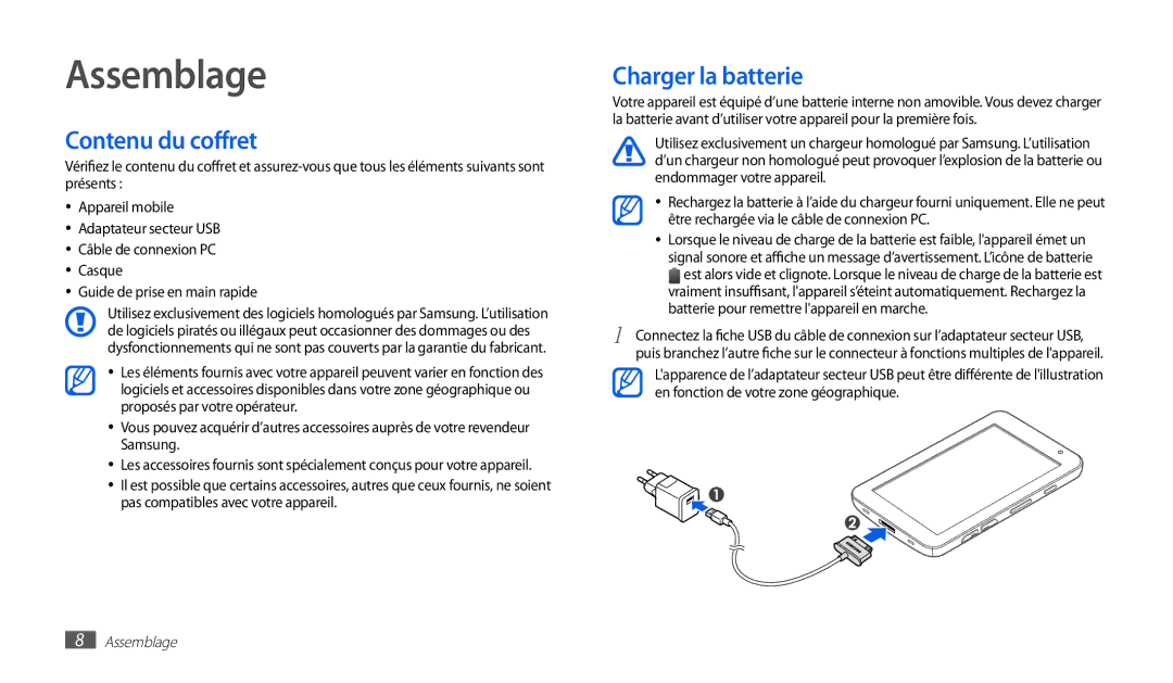 Samsung GT-P1000CWABOG, GT-P1000CWAXEF, GT-P1000MSAXEF, GT-P1000CWDXEF Assemblage, Contenu du coffret, Charger la batterie 