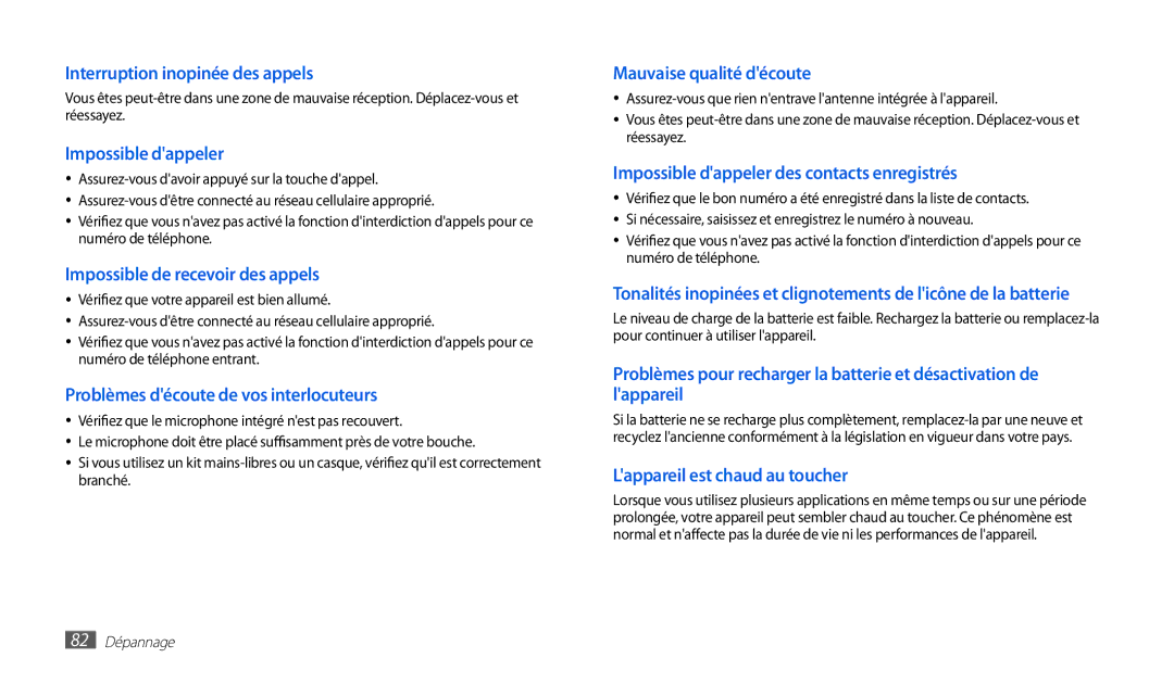 Samsung GT-P1000MSAXEF, GT-P1000CWAXEF, GT-P1000CWDXEF, GT-P1000CWASFR, GT-P1000CWALUX manual Interruption inopinée des appels 