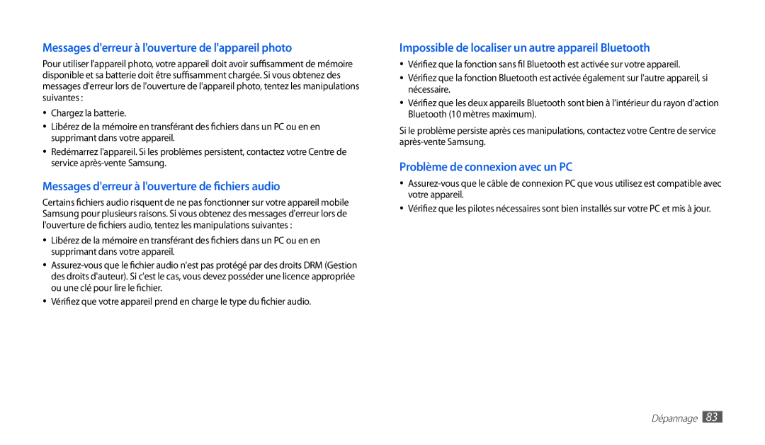 Samsung GT-P1000CWDXEF, GT-P1000CWAXEF, GT-P1000MSAXEF, GT-P1000CWASFR manual Messages derreur à louverture de lappareil photo 