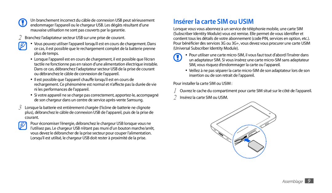 Samsung GT-P1000CWAXEF, GT-P1000MSAXEF, GT-P1000CWDXEF Insérer la carte SIM ou Usim, Pour installer la carte SIM ou Usim 