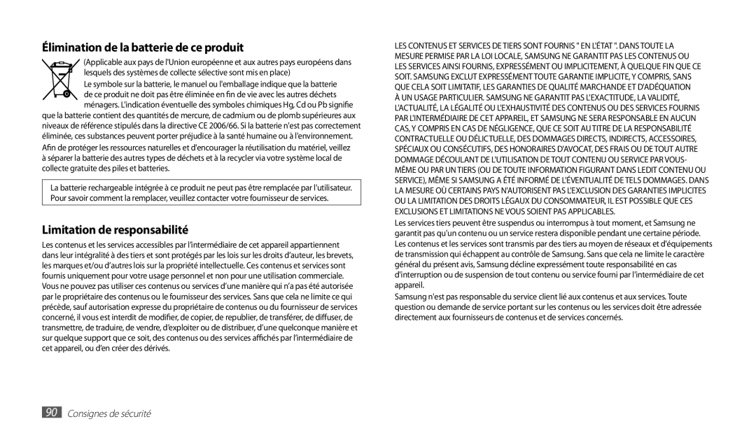 Samsung GT-P1000CWAXEF, GT-P1000MSAXEF, GT-P1000CWDXEF, GT-P1000CWASFR manual Élimination de la batterie de ce produit 