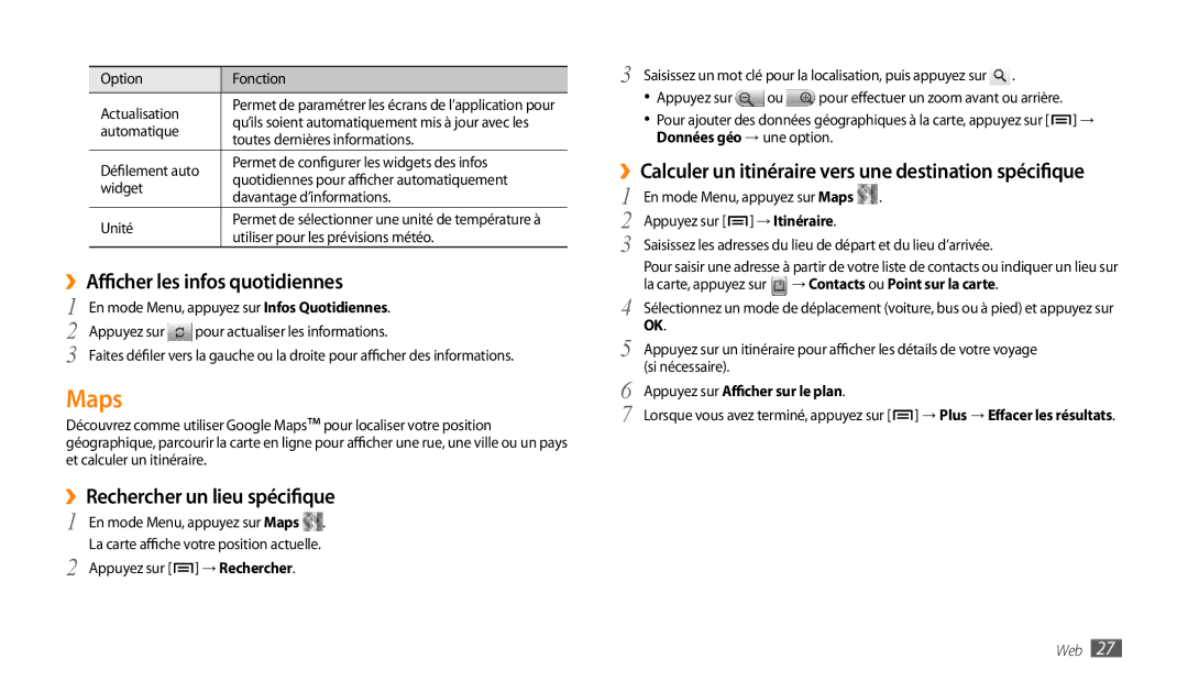 Samsung GT-P1000CWAXEF, GT-P1000MSAXEF, GT-P1000CWDXEF manual Maps, Infos quotidiennes, ››Rechercher un lieu spécifique 