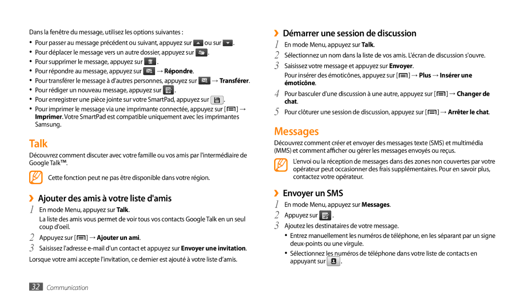 Samsung GT-P1000CWDBOG manual Talk, Messages, ››Ajouter des amis à votre liste damis, ››Démarrer une session de discussion 