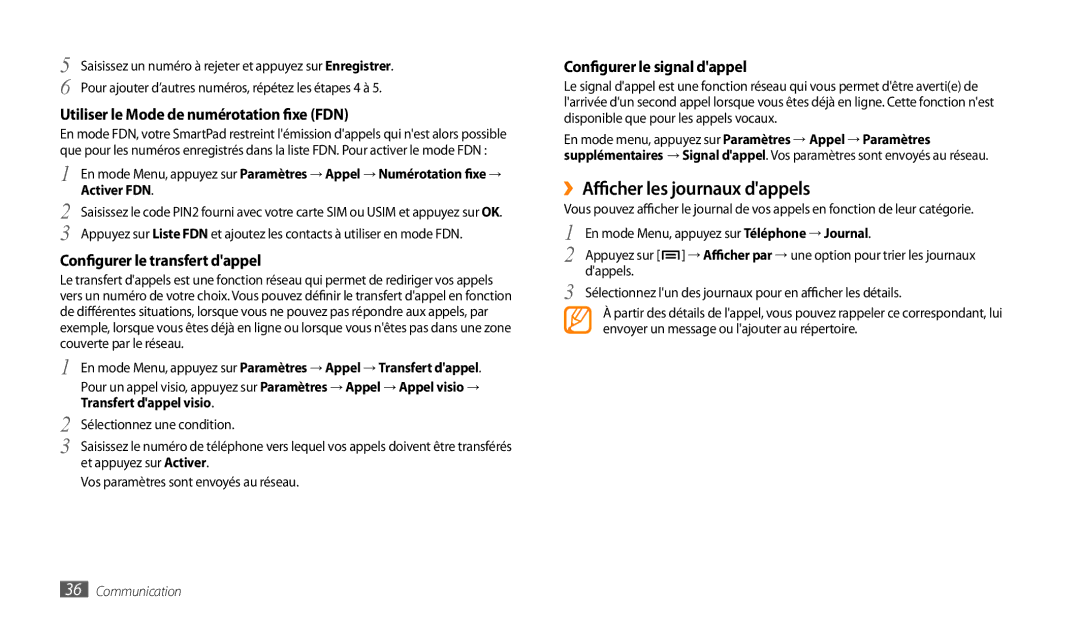 Samsung GT-P1000CWAXEF, GT-P1000MSAXEF manual ››Afficher les journaux dappels, Utiliser le Mode de numérotation fixe FDN 