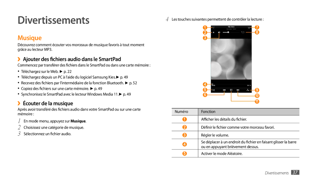 Samsung GT-P1000MSAXEF Divertissements, Musique, ››Ajouter des fichiers audio dans le SmartPad, ››Écouter de la musique 