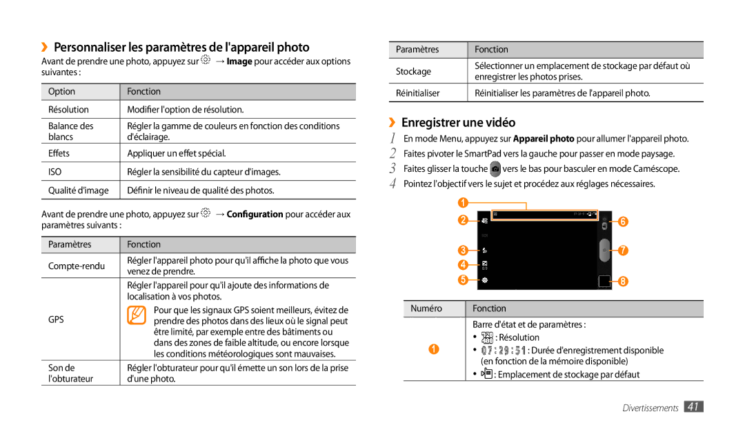 Samsung GT-P1000CWDBOG, GT-P1000CWAXEF manual ››Personnaliser les paramètres de lappareil photo, ››Enregistrer une vidéo 