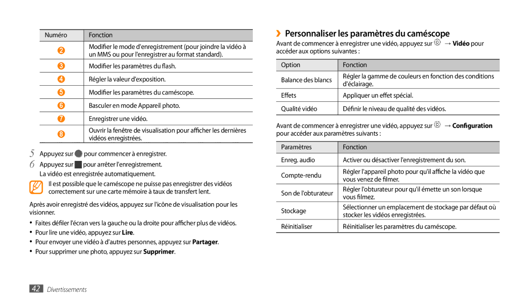 Samsung GT-P1000CWDSFR, GT-P1000CWAXEF, GT-P1000MSAXEF, GT-P1000CWDXEF manual ››Personnaliser les paramètres du caméscope 