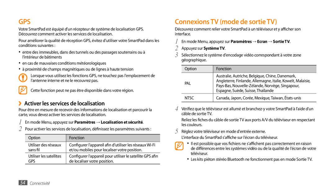 Samsung GT-P1000CWAXEF, GT-P1000MSAXEF manual Connexions TV mode de sortie TV, ››Activer les services de localisation 