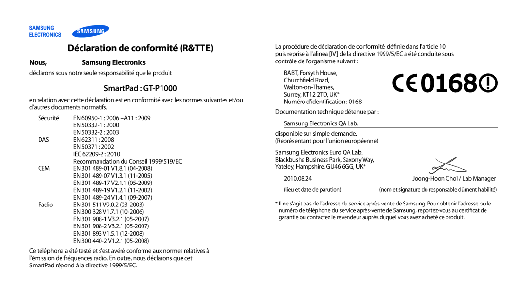 Samsung GT-P1000CWDSFR, GT-P1000CWAXEF, GT-P1000MSAXEF, GT-P1000CWDXEF, GT-P1000CWASFR manual Nous Samsung Electronics 