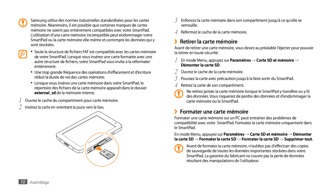 Samsung GT-P1000MSAXEF, GT-P1000CWAXEF, GT-P1000CWDXEF manual ››Retirer la carte mémoire, ››Formater une carte mémoire 