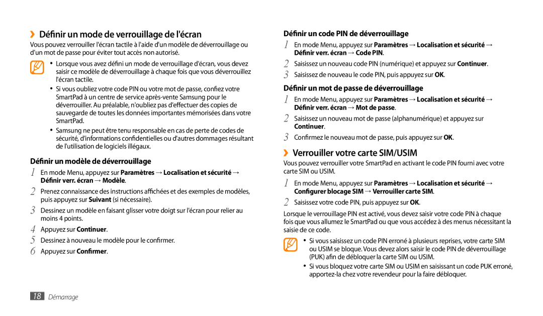 Samsung GT-P1000CWAXEF, GT-P1000MSAXEF ››Définir un mode de verrouillage de lécran, ››Verrouiller votre carte SIM/USIM 