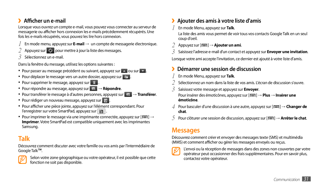 Samsung GT-P1000CWALUX manual Talk, Messages, ››Ajouter des amis à votre liste damis, ››Démarrer une session de discussion 