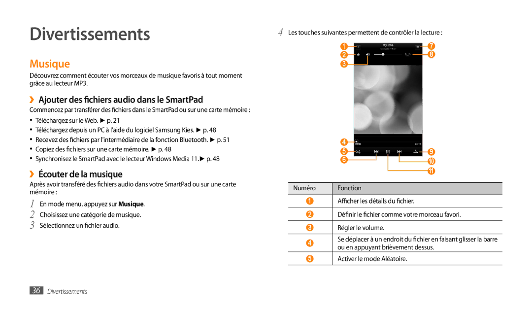 Samsung GT-P1000CWAXEF Divertissements, Musique, ››Ajouter des fichiers audio dans le SmartPad, ››Écouter de la musique 