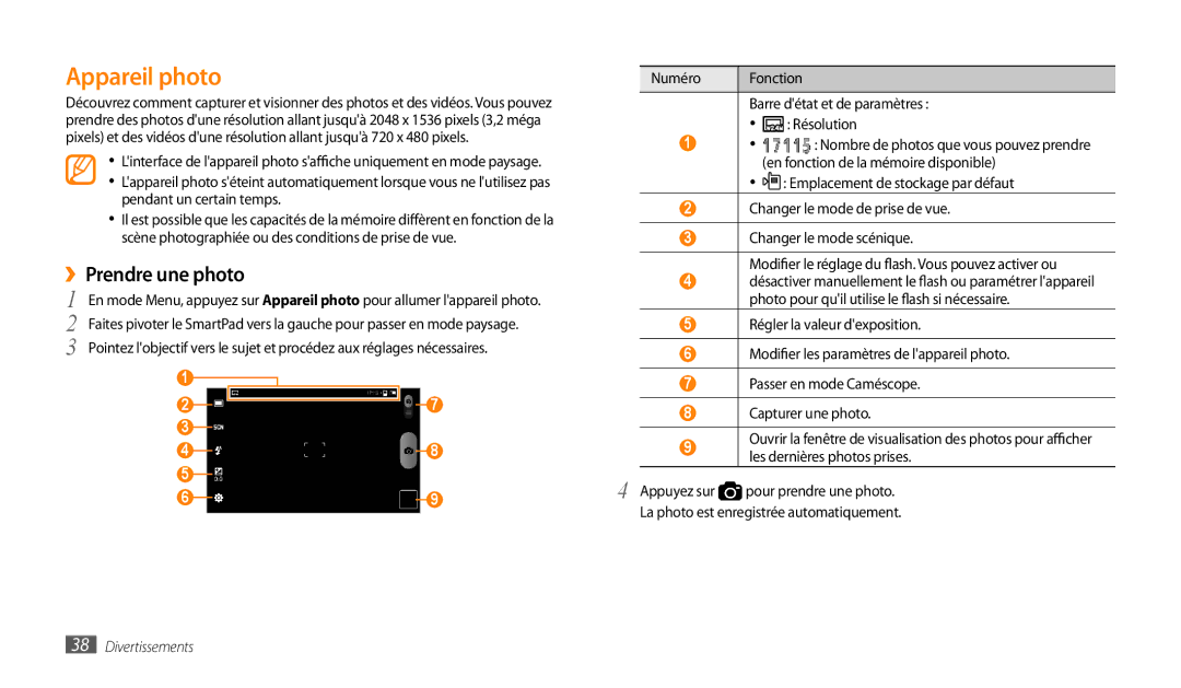 Samsung GT-P1000CWDXEF manual Appareil photo, ››Prendre une photo, Numéro Fonction Barre détat et de paramètres Résolution 