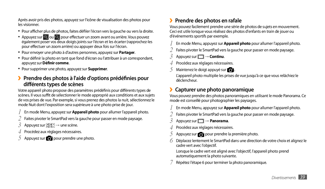 Samsung GT-P1000CWASFR manual ››Prendre des photos en rafale, ››Capturer une photo panoramique, → Continu, → Panorama 