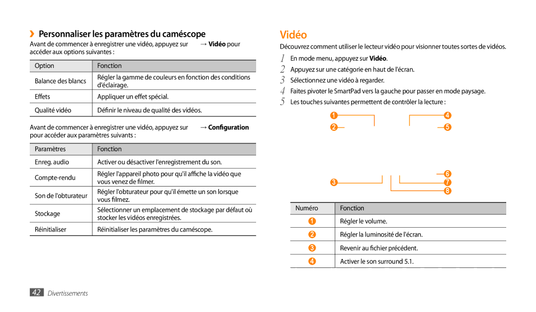 Samsung GT-P1000CWDSFR, GT-P1000CWAXEF, GT-P1000MSAXEF manual ››Personnaliser les paramètres du caméscope, → Vidéo pour 