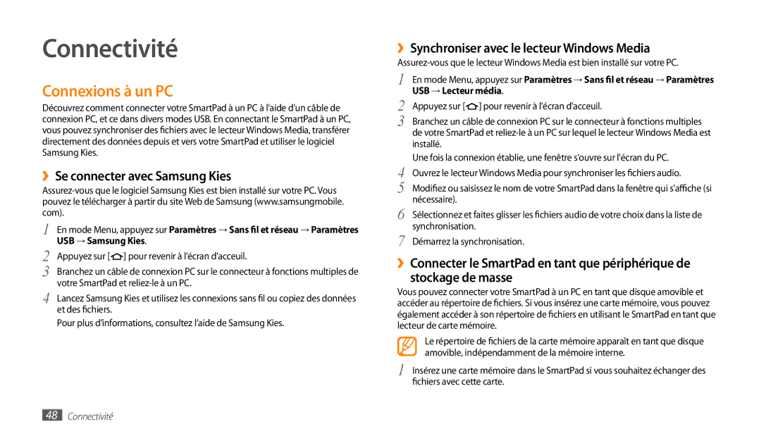 Samsung GT-P1000CWASFR manual Connectivité, Connexions à un PC, ››Se connecter avec Samsung Kies, USB → Lecteur média 