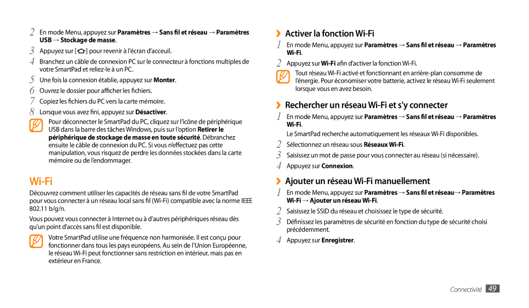 Samsung GT-P1000CWALUX, GT-P1000CWAXEF manual ››Activer la fonction Wi-Fi, ››Rechercher un réseau Wi-Fi et sy connecter 