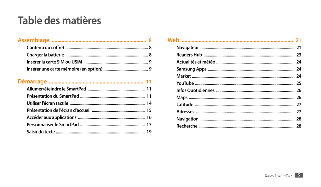 Samsung GT-P1000CWDBOG, GT-P1000CWAXEF, GT-P1000MSAXEF, GT-P1000CWDXEF, GT-P1000CWASFR manual Table des matières, Assemblage 