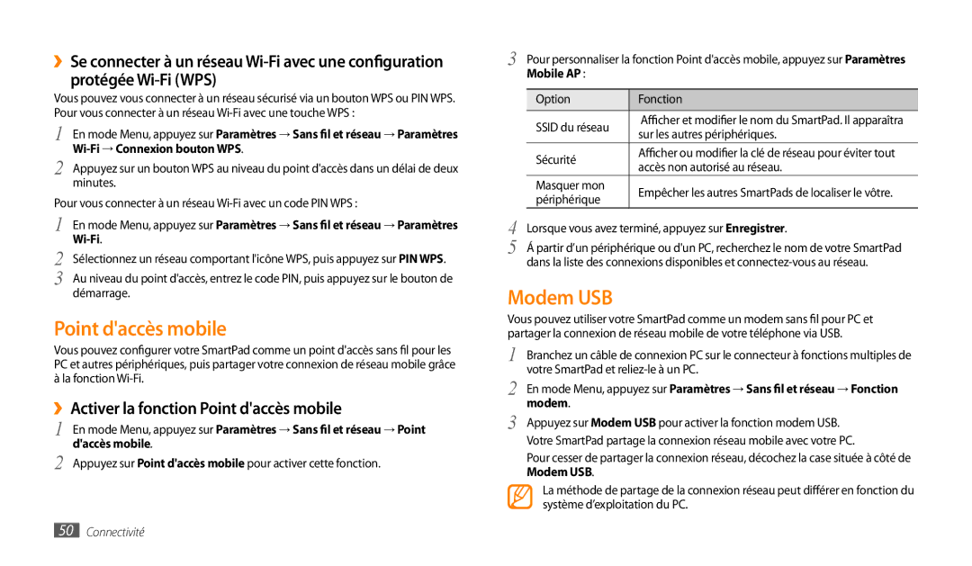 Samsung GT-P1000CWDBOG, GT-P1000CWAXEF Modem USB, ››Activer la fonction Point daccès mobile, Daccès mobile, Mobile AP 