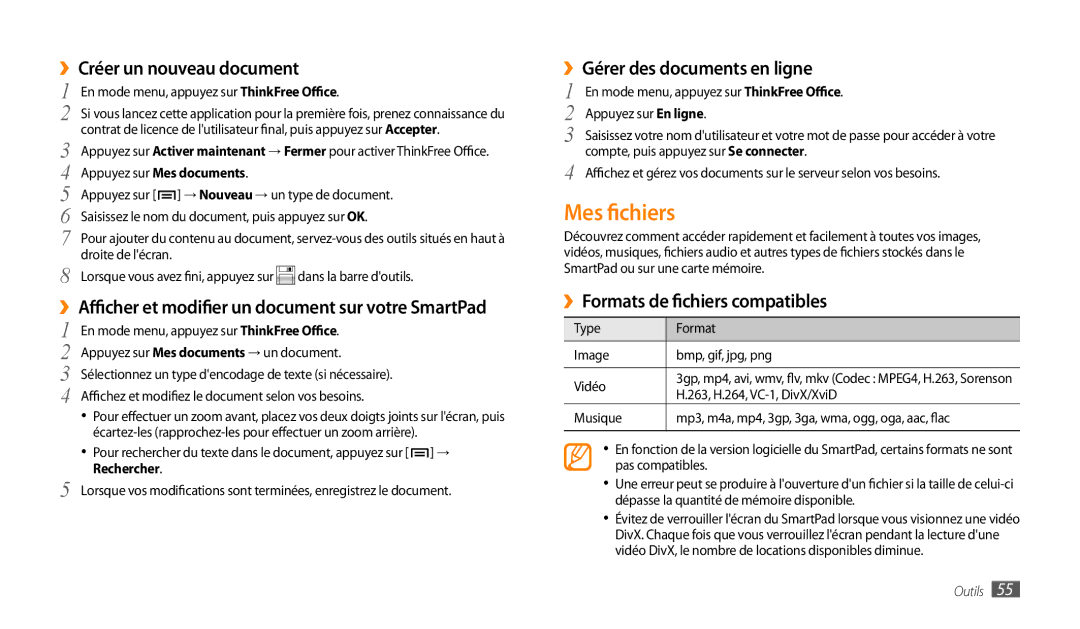 Samsung GT-P1000MSAXEF Mes fichiers, ››Créer un nouveau document, ››Afficher et modifier un document sur votre SmartPad 