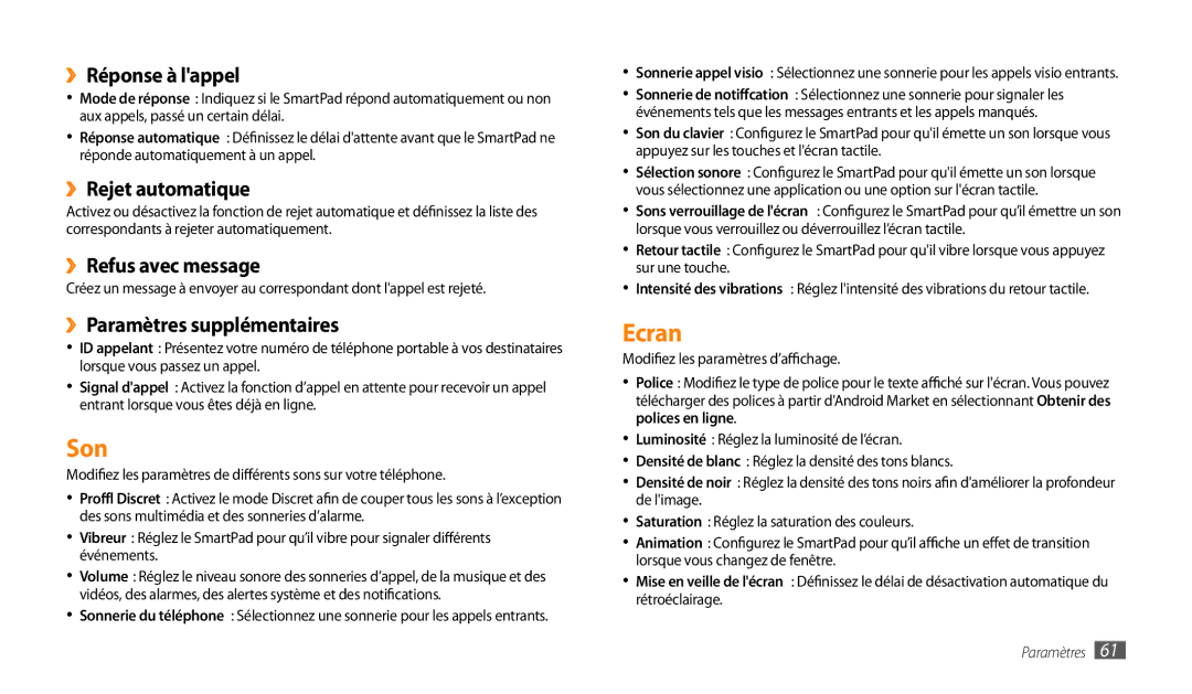 Samsung GT-P1000CWAFTM, GT-P1000CWAXEF, GT-P1000MSAXEF, GT-P1000CWDXEF, GT-P1000CWASFR, GT-P1000CWALUX manual Son, Ecran 