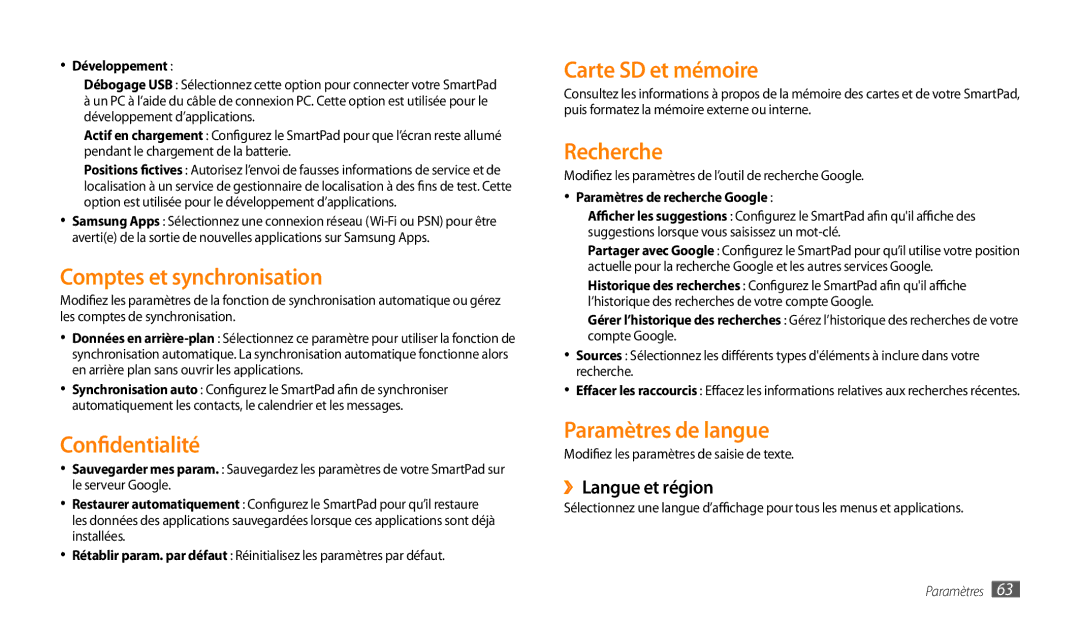 Samsung GT-P1000CWAXEF manual Comptes et synchronisation, Confidentialité, Carte SD et mémoire, Paramètres de langue 