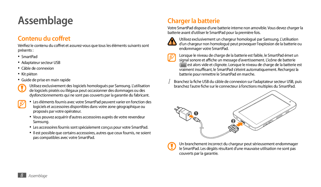 Samsung GT-P1000CWABOG, GT-P1000CWAXEF, GT-P1000MSAXEF, GT-P1000CWDXEF Assemblage, Contenu du coffret, Charger la batterie 