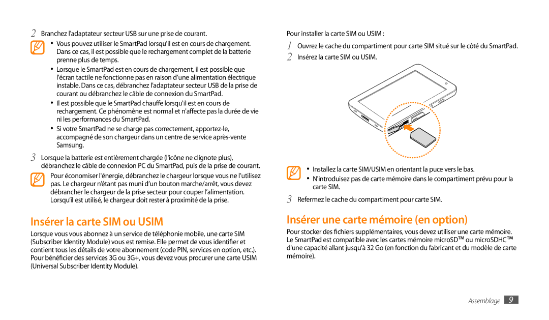 Samsung GT-P1000CWAXEF, GT-P1000MSAXEF, GT-P1000CWDXEF Insérer la carte SIM ou Usim, Insérer une carte mémoire en option 