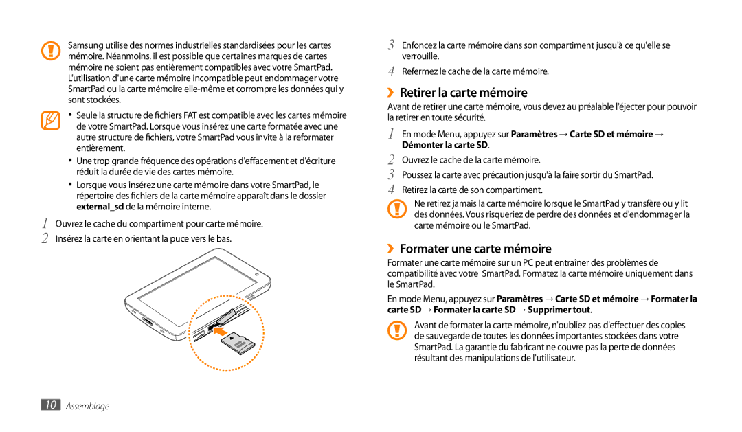 Samsung GT-P1000MSAXEF, GT-P1000CWAXEF, GT-P1000CWDXEF manual ››Retirer la carte mémoire, ››Formater une carte mémoire 
