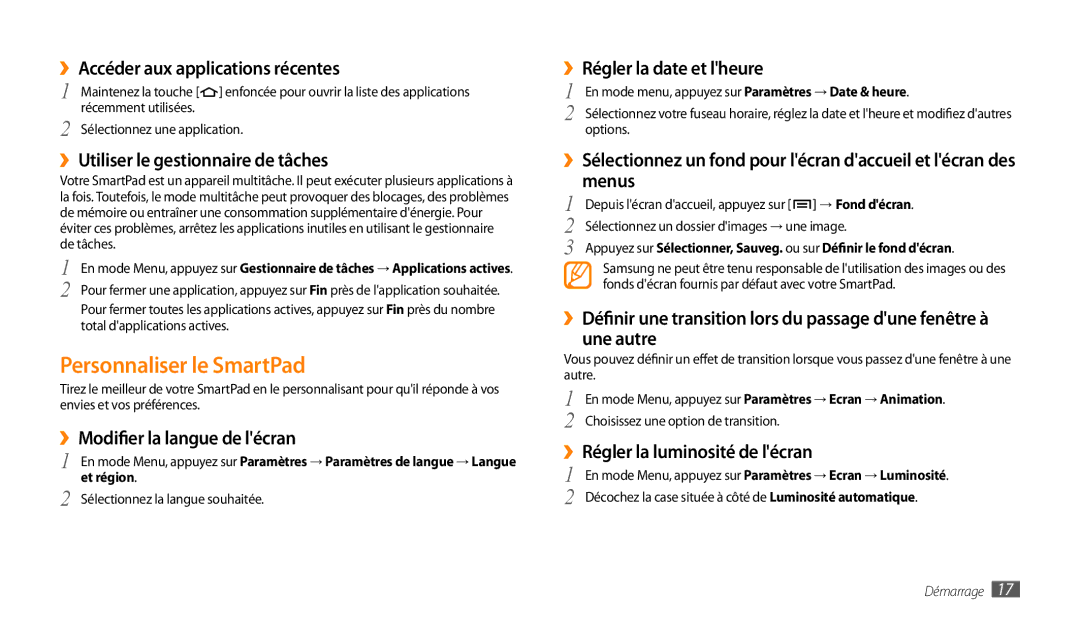 Samsung GT-P1000CWABOG, GT-P1000CWAXEF, GT-P1000MSAXEF, GT-P1000CWDXEF, GT-P1000CWASFR manual Personnaliser le SmartPad 