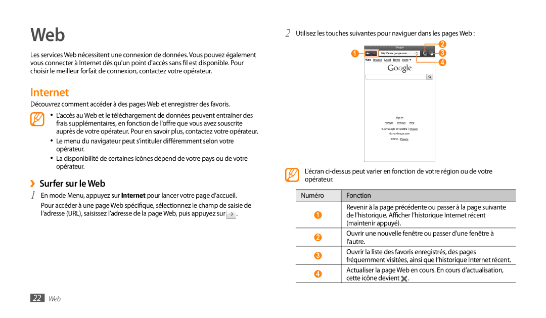 Samsung GT-P1000CWALUX, GT-P1000CWAXEF, GT-P1000MSAXEF, GT-P1000CWDXEF manual Internet, ››Surfer sur le Web, 22 Web 