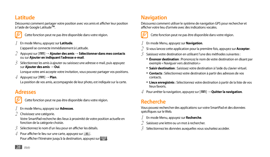 Samsung GT-P1000MSAXEF, GT-P1000CWAXEF, GT-P1000CWDXEF, GT-P1000CWASFR manual Latitude, Adresses, Navigation, Recherche 